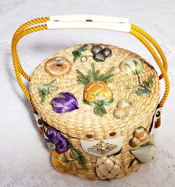 60's Handmade Woven Bucket Basket Bag Purse Fruit Flowers Boho Straw Shop Vtg - Image 2