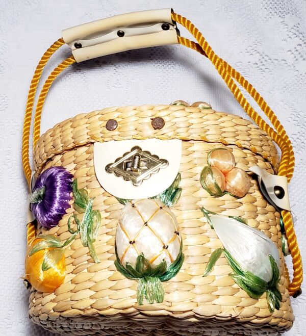 60's Handmade Woven Bucket Basket Bag Purse Fruit Flowers Boho Straw Shop Vtg - Image 3