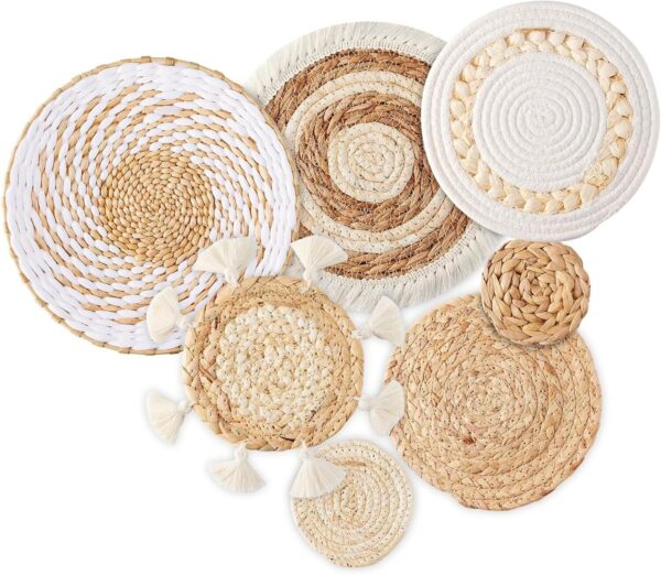 7 Pack Boho Wall Basket Decor - Seagrass Rattan Wicker Round...