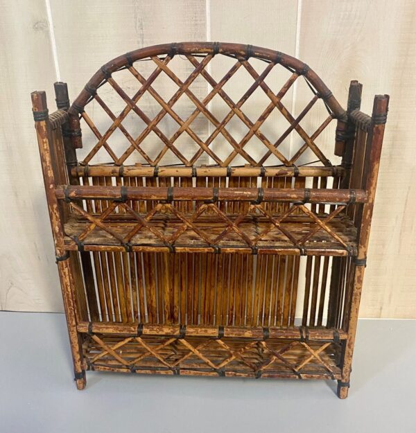 70's Boho Cool Rattan Wicker Hanging Wall 2 Shelf Stand w Great Patina & Pattern