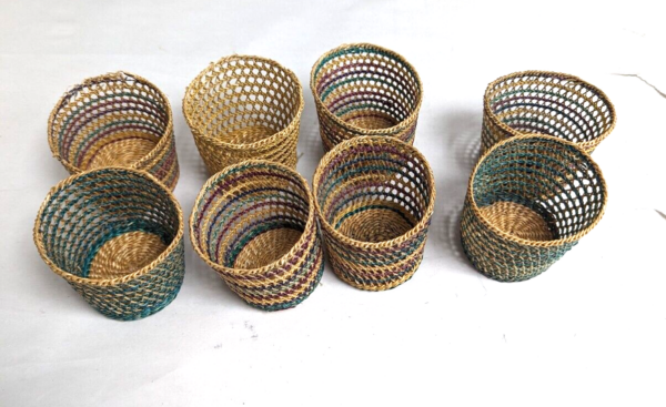 8 small grass woven baskets 3" x 3" boho natural decor