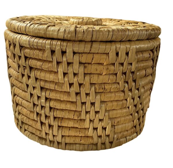 90s Boho 7 Inch Round Hand WOVEN Basket With Lid Aztec Design Home Decor