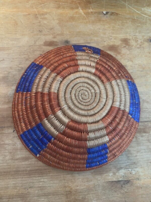 African Rwanda Basket 7" Woven Handmade Boho Wall hanging Blue Rust Tan - Image 2