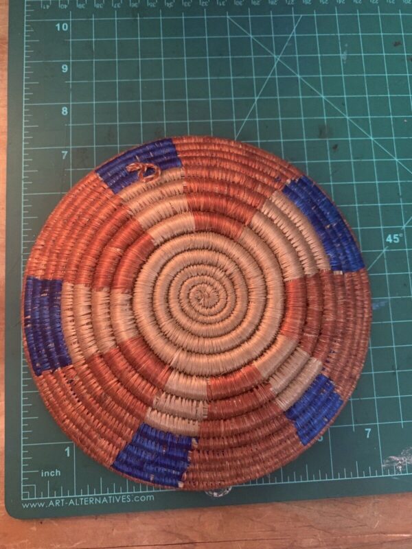 African Rwanda Basket 7" Woven Handmade Boho Wall hanging Blue Rust Tan - Image 3