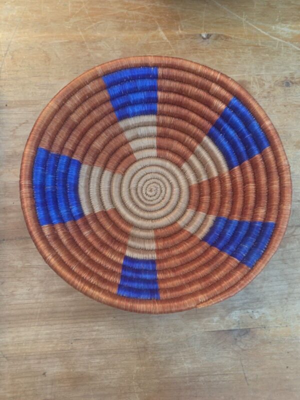 African Rwanda Basket 7" Woven Handmade Boho Wall hanging Blue Rust Tan