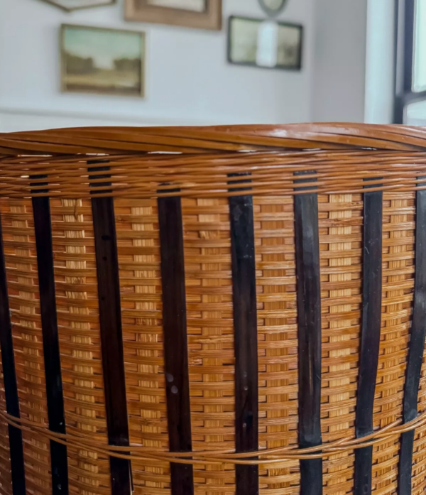 Antique Boho Large Wicker Storage Basket Woven Striped Vintage Bamboo Storage - Image 2