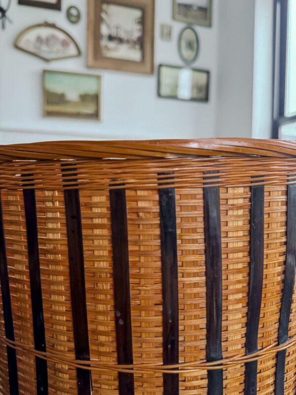 Antique Boho Large Wicker Storage Basket Woven Striped Vintage Bamboo Storage - Image 2