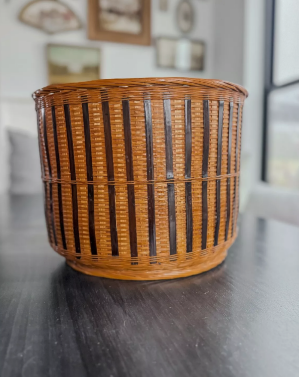 Antique Boho Large Wicker Storage Basket Woven Striped Vintage Bamboo Storage