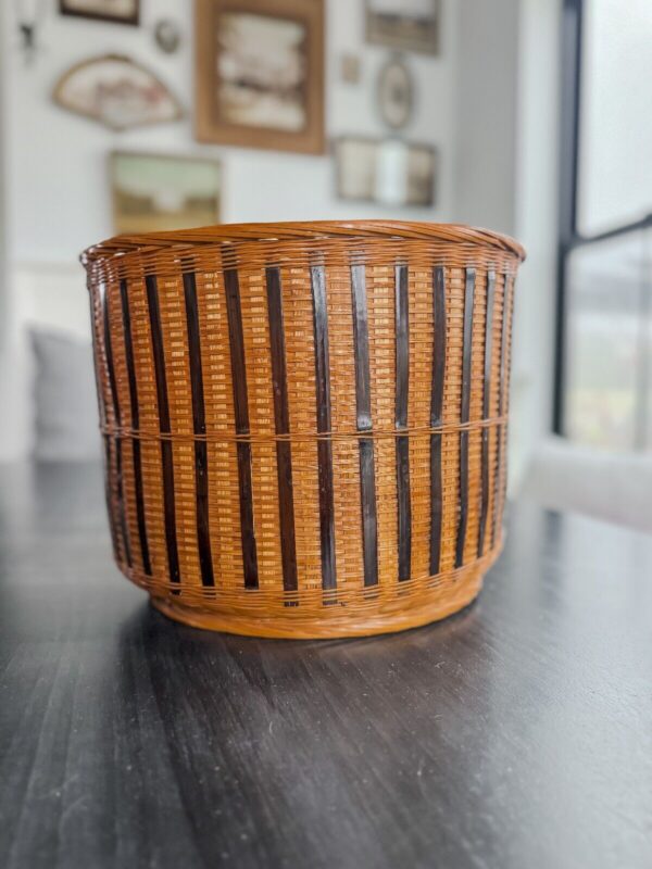 Antique Boho Large Wicker Storage Basket Woven Striped Vintage Bamboo Storage