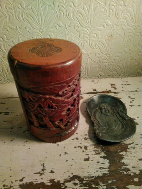 Antique Chinese Bamboo Brush Holder And spelter Brush Wash Tray