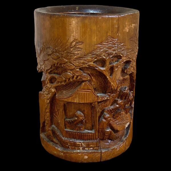 Antique Chinese Brush Pot Holder Qing Dynasty Carved Bamboo 7.5x5.5 Estate Find - Image 3