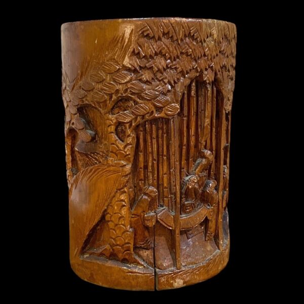 Antique Chinese Brush Pot Holder Qing Dynasty Carved Bamboo 7.5x5.5 Estate Find - Image 5