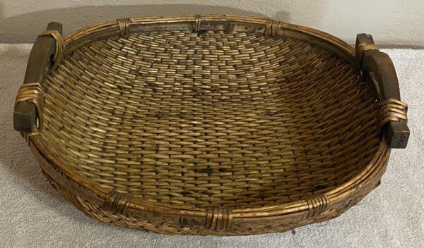 Antique Chinese Woven Willow Basket With Wood Handles Original - Image 3