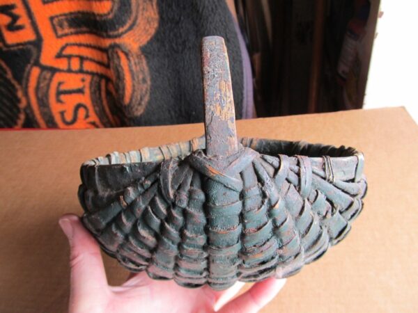 Antique Estate Country Primitive Basket w/ Green Paint Woven Oak Split - Solid - Image 5