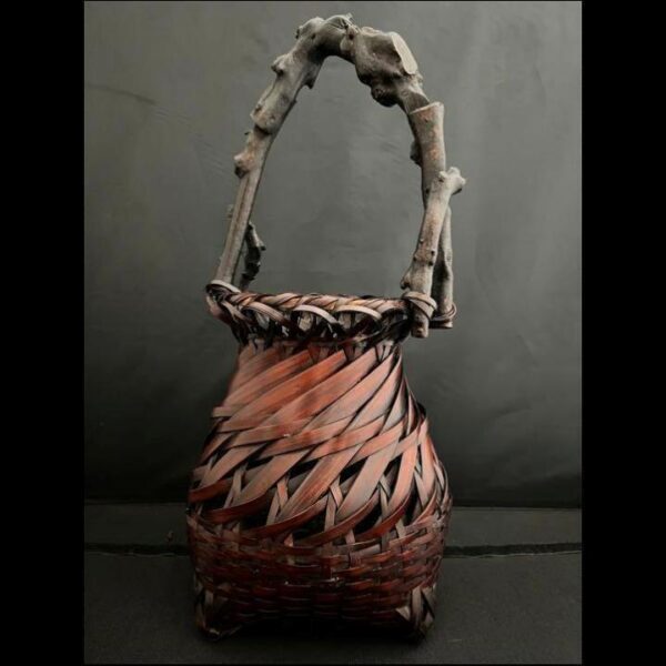 Antique Japanese Ikebana Bamboo Basket with Dynamic Wooden Handle - 43cm Tall