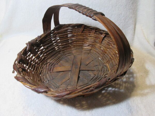 Antique Primitive Hand Woven Split Oak Handle Gathering Basket