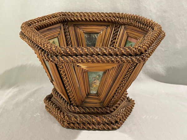 Antique STRAW WICKER BASKET WITH PICTORIAL LITHO PANELS - Image 2