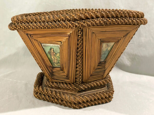 Antique STRAW WICKER BASKET WITH PICTORIAL LITHO PANELS - Image 3