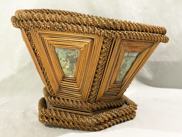 Antique STRAW WICKER BASKET WITH PICTORIAL LITHO PANELS - Image 4