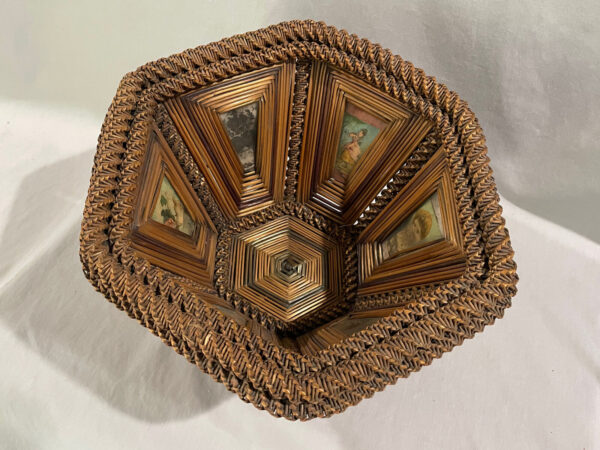 Antique STRAW WICKER BASKET WITH PICTORIAL LITHO PANELS - Image 5