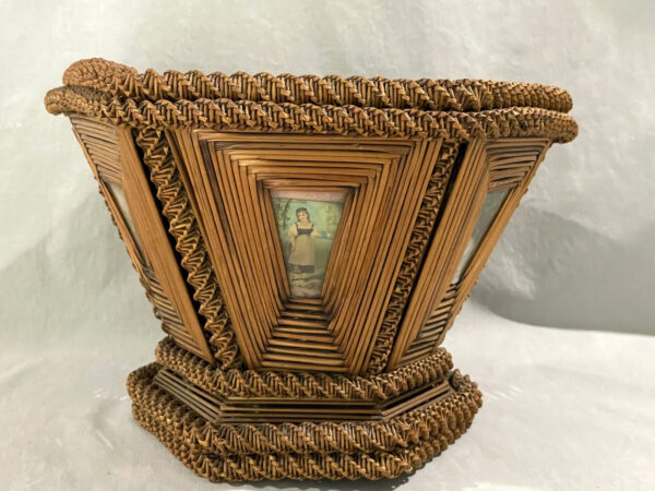 Antique STRAW WICKER BASKET WITH PICTORIAL LITHO PANELS