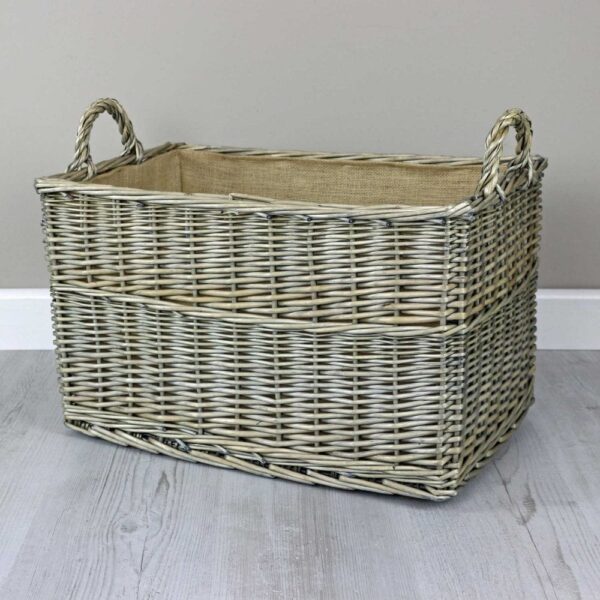 Antique Wash Handled Hessian Lined Wicker Storage Basket