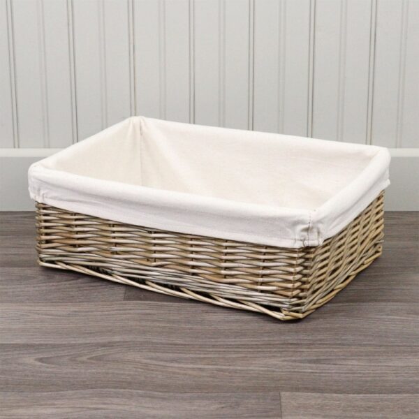 Antique Wash Wicker Lined Shallow Storage Basket