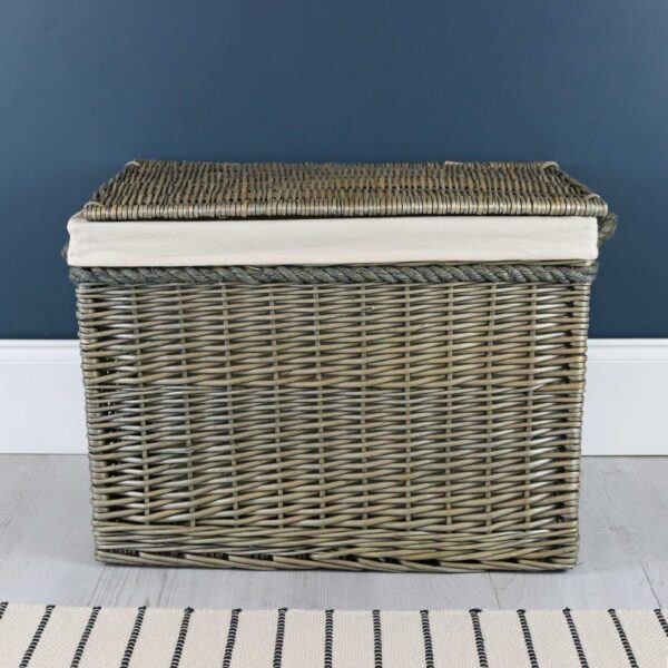 Antique Wash Wicker Storage Trunk With Rope Handles