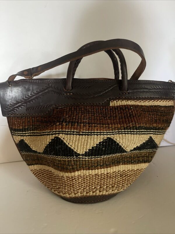 Artisan Hand Made Market Boho Jute Sisal Macrame Basket Tooled Leather Bag - Image 5