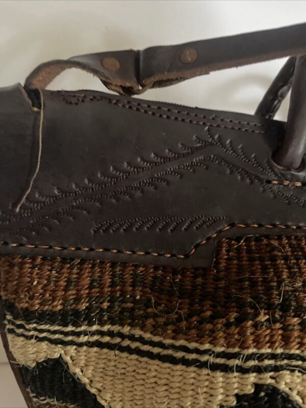 Artisan Hand Made Market Boho Jute Sisal Macrame Basket Tooled Leather Bag - Image 6