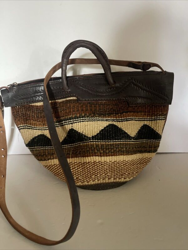 Artisan Hand Made Market Boho Jute Sisal Macrame Basket Tooled Leather Bag