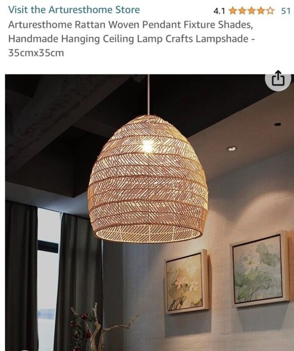 Arturesthome Rattan Woven Pendant Fixture Shades, Handmade Hanging Ceiling Lamp