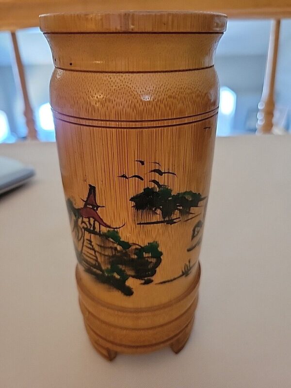 Asian Bamboo Brush Holder Untensil Pencil Container Wooden Vase - Image 2