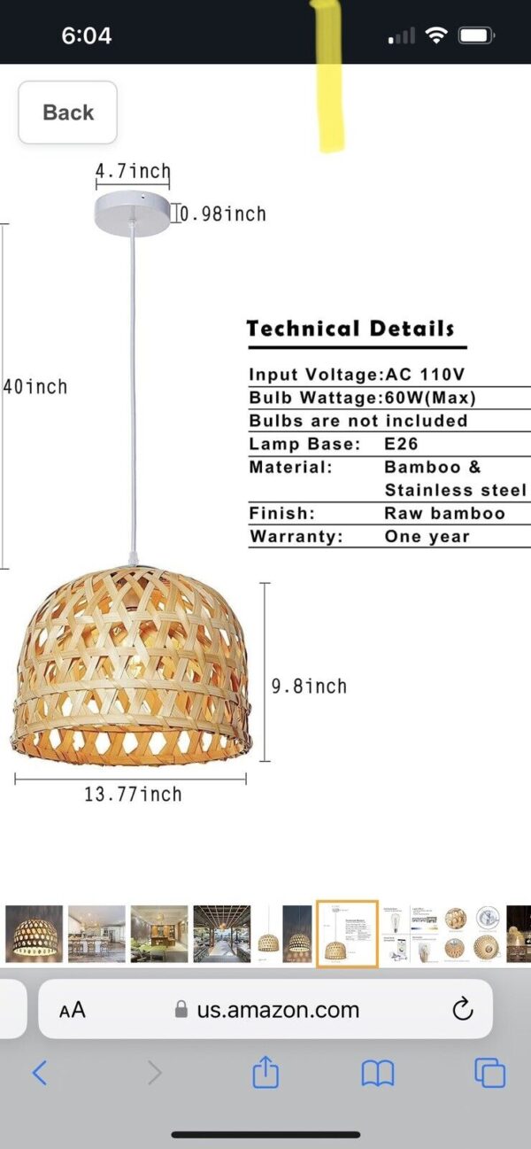 Bamboo Basket Pendant Light, 13.7" D x 9.8" H Wicker Rattan Weave Lamp Shade - Image 4