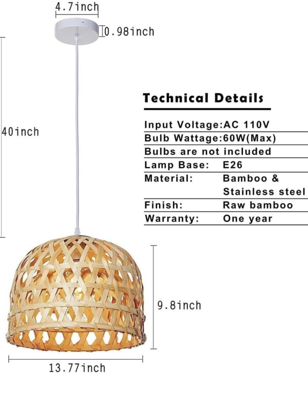 Bamboo Basket Pendant Light, 13.7" D x 9.8" H Wicker Rattan Weave Lamp Shade - Image 5