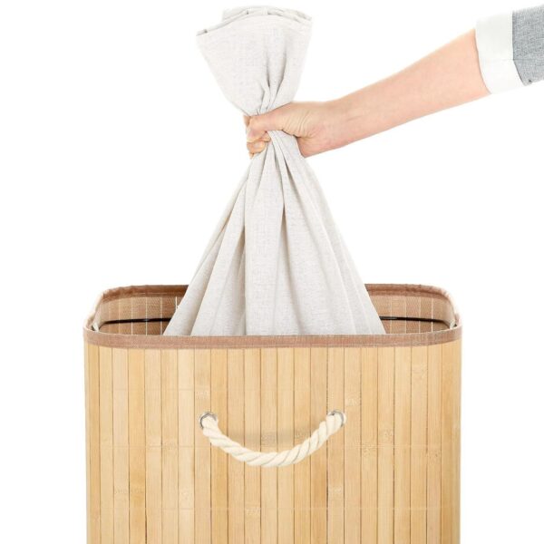 Bamboo Laundry Basket with Lid Foldable Washing Clothes Bin Hamper with Liner - Image 3