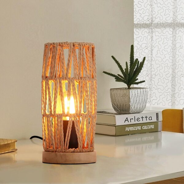 Bamboo Rattan Table Lamp for Living Room, Boho Handmade Woven Cylinder Lampsh...