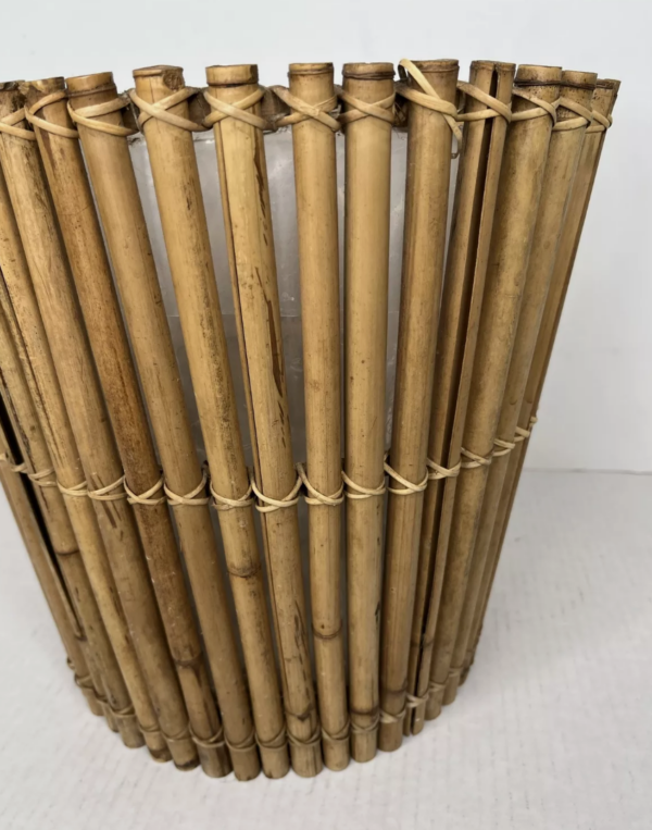 Bamboo Slat Waste Basket Trash Can Planter 11" Plastic Lined Vintage Boho - Image 2