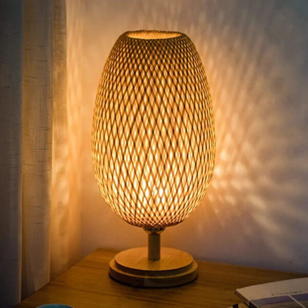 Bamboo Table Lamp Bedroom Bedside Lamp Wood Rattan Lampshade Room Home Decor New - Image 2