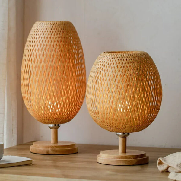 Bamboo Table Lamp Bedroom Bedside Lamp Wood Rattan Lampshade Room Home Decor New