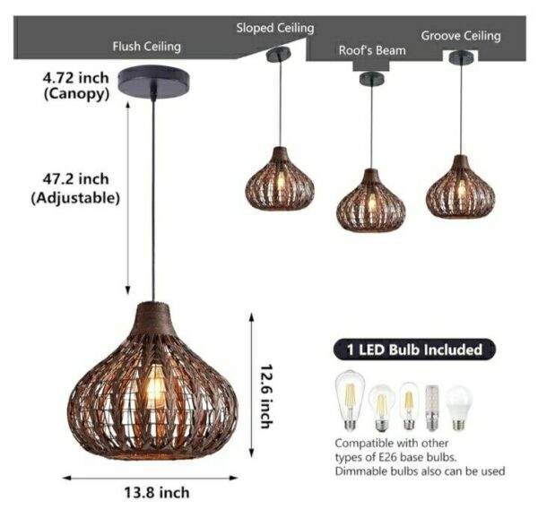 Bamboo Wicker Lamp Shades Weave Hanging Lighting Rattan Ceiling Lamp Chandelier - Image 4