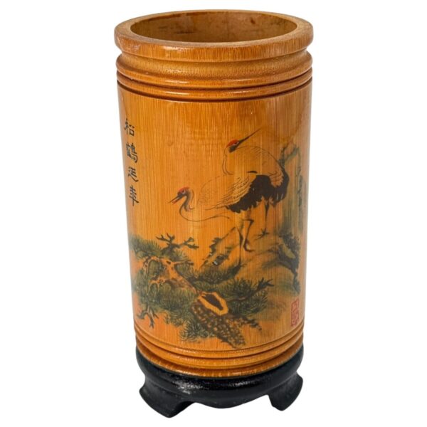 Bamboo Wood Pencil Holder Japanese Hand Painted Crafted 6” Tall Vintage