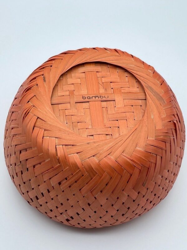 Bambu Hand Woven Bohemian Bowl Red Orange Tan Bamboo Round Basket Double Walled - Image 3