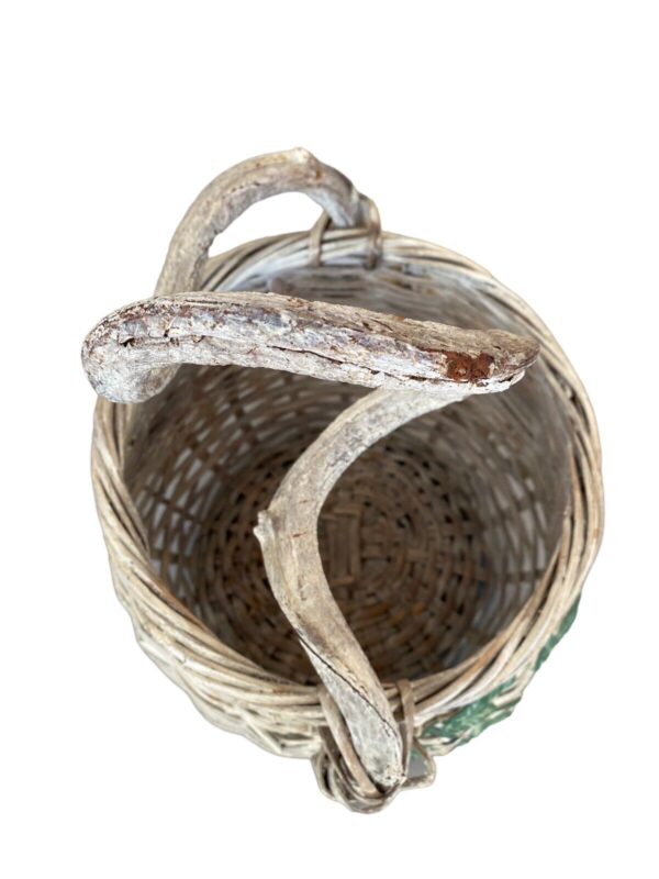 Basket Handcrafted Twisted Handle Woven Wicker Ivy Distressed White Boho Decor - Image 2