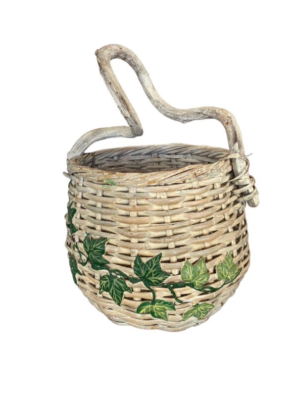 Basket Handcrafted Twisted Handle Woven Wicker Ivy Distressed White Boho Decor - Image 5