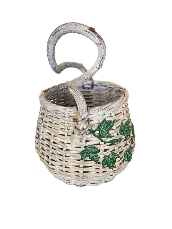 Basket Handcrafted Twisted Handle Woven Wicker Ivy Distressed White Boho Decor