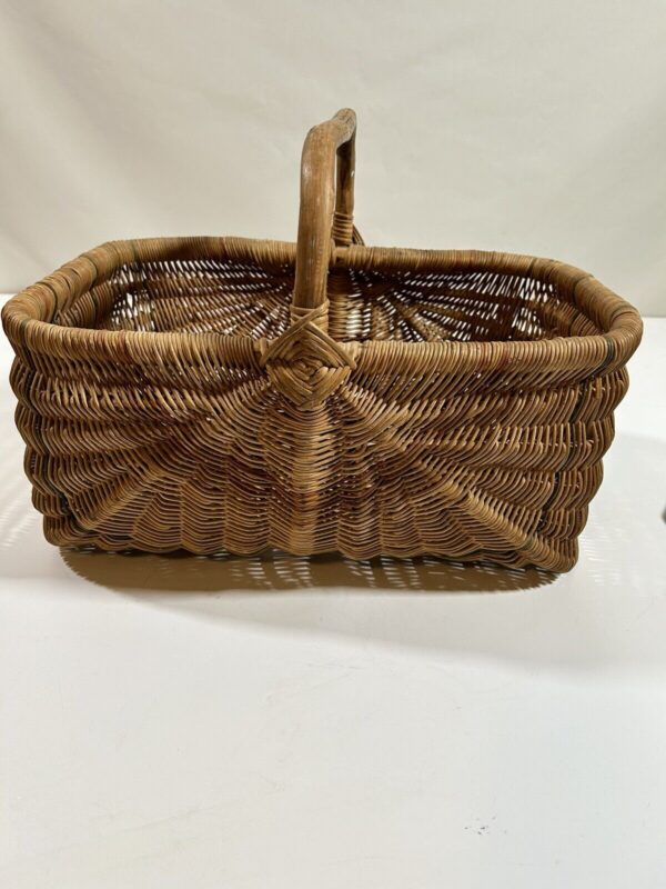 BASKET Wicker Woven Rattan, Flat Bottom w Natural Wood Limb Handle. BOHO, VGC - Image 5