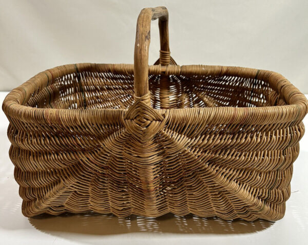 BASKET Wicker Woven Rattan, Flat Bottom w Natural Wood Limb Handle. BOHO, VGC