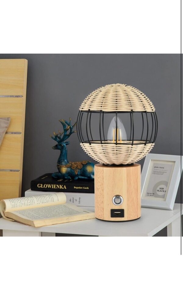 Bedside Table Lamp European Style USB Rubber Wood Table Lamp Bamboo Woven Hotel - Image 2