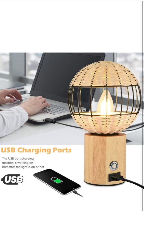 Bedside Table Lamp European Style USB Rubber Wood Table Lamp Bamboo Woven Hotel